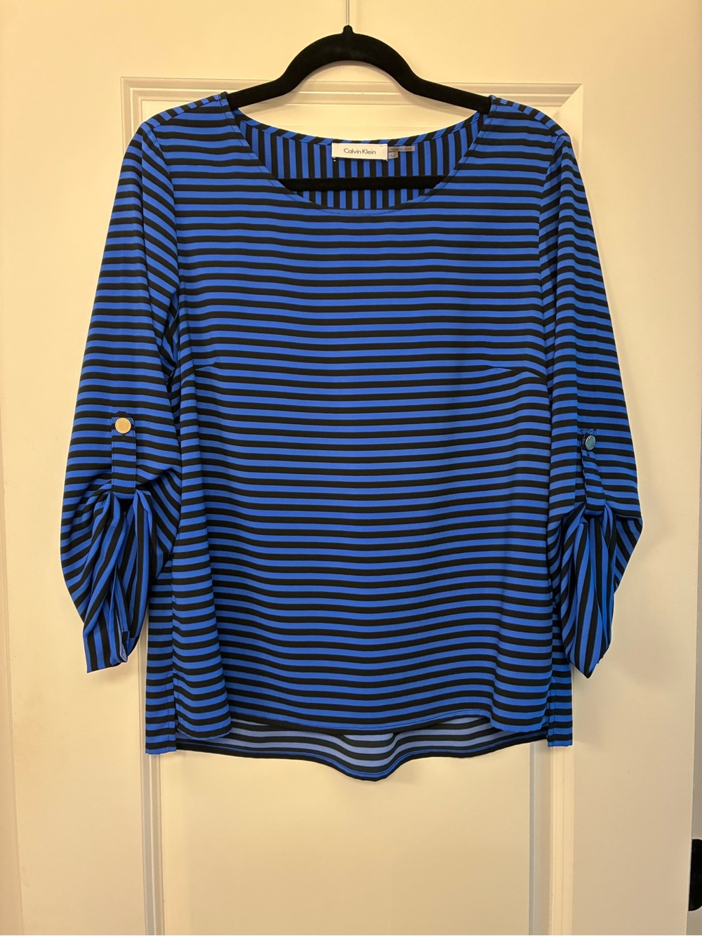 Calvin Klein Blue and Black Striped Scoop Neck Blouse